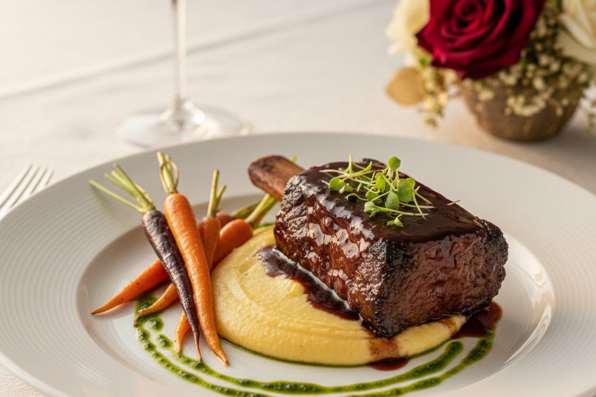Beautifully plated beef short rib entrée